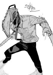 Rule 34 | 1boy, chainsaw, chainsaw man, denji (chainsaw man), fighting stance, fingernails, greyscale, hatching (texture), highres, male focus, monochrome, necktie, oosawara sadao, open mouth, sharp teeth, sleeves rolled up, solo, standing, teeth