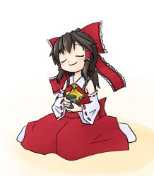 Rule 34 | 1girl, brown hair, closed eyes, detached sleeves, female focus, full body, gradient background, hakurei reimu, happy, japanese clothes, miko, solo, tamute (2580rs), touhou, white background