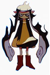 Rule 34 | 1girl, absurdres, arms at sides, black eyes, black hair, black shorts, boots, chromatic aberration, full body, highres, inari1369, inkling, inkling girl, inkling player character, legs apart, long hair, long sleeves, looking at viewer, nintendo, no eyebrows, no mouth, no nose, pointy ears, red footwear, ringed eyes, shorts, simple background, sleeves past wrists, solo, splatoon (series), standing, suction cups, tentacle hair, very long hair, white background