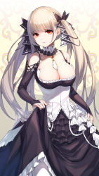 Rule 34 | 1girl, akanagi youto, azur lane, bare shoulders, between breasts, black dress, black ribbon, blonde hair, blush, breasts, bridal gauntlets, cleavage, collarbone, commentary request, cowboy shot, detached sleeves, dress, earrings, formidable (azur lane), frilled dress, frills, hair ornament, hair ribbon, highres, jewelry, large breasts, long hair, long sleeves, looking at viewer, pantyhose, parted lips, petticoat, red eyes, ribbon, sidelocks, skirt hold, smile, solo, standing, stud earrings, twintails, very long hair, white pantyhose