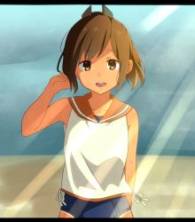 Rule 34 | 10s, 1girl, bad id, bad pixiv id, bare shoulders, brown eyes, brown hair, i-401 (kancolle), kantai collection, looking at viewer, one-piece swimsuit, open mouth, personification, ponytail, school swimsuit, short hair, short ponytail, solo, swimsuit, swimsuit under clothes, yukichi (eikichi)