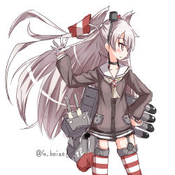 Rule 34 | 10s, 1girl, amatsukaze (kancolle), beize (garbage), choker, dress, garter belt, gloves, grey neckerchief, hair ornament, hair tubes, hand on own hip, hat, kantai collection, lifebuoy, long hair, long sleeves, mini hat, neckerchief, rensouhou-kun, sailor collar, sailor dress, silver hair, single glove, striped clothes, striped thighhighs, swim ring, thighhighs, twintails, twitter username, two side up, yellow eyes, zettai ryouiki