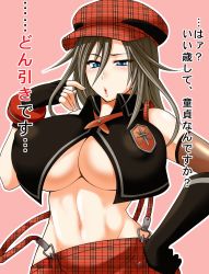 Rule 34 | 10s, 1girl, abs, alisa ilinichina amiella, blue eyes, breasts, brown hair, cleavage, covered erect nipples, fingerless gloves, gloves, god eater, god eater burst, groin, hand on own hip, hat, highres, hip focus, large breasts, navel, puffy nipples, skirt, solo, strap slip, suspender skirt, suspenders, taihei tengoku, translation request