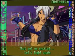 Rule 34 | angel (kof), bra, breasts, cropped jacket, dialogue box, fake screenshot, fanning self, fighting game, fingerless gloves, gloves, hair over one eye, highres, jacket, large breasts, leather, leather jacket, nakamanga, one eye closed, pixel art, snk, strapless, strapless bra, the king of fighters, toned, underwear, user interface, white hair