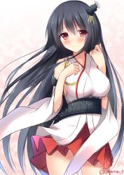 Rule 34 | 10s, 1girl, bad id, bare shoulders, black hair, blush, breasts, cowboy shot, detached sleeves, fusou (kancolle), hair ornament, highres, japanese clothes, kantai collection, large breasts, long hair, md5 mismatch, pleated skirt, red eyes, resized, skirt, smile, solo, tomoo (tomo), twitter username, upscaled, very long hair