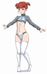 Rule 34 | 1girl, adapted costume, blue panties, blush, breasts, brown eyes, brown hair, full body, girls und panzer, groin, highres, looking at viewer, midriff, mikko (girls und panzer), muchabou, navel, open mouth, outstretched arms, panties, shiny skin, short hair, short twintails, simple background, small breasts, solo, spread arms, standing, sweat, sweater, thighhighs, twintails, underboob, underwear, white background, white thighhighs