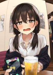 Rule 34 | 1boy, 1girl, alcohol, beer, black jacket, blurry, blurry background, blush, brown eyes, brown hair, cellphone, collared shirt, commentary request, crying, hair over shoulder, half-closed eyes, highres, holding, holding phone, indoors, itame moyashi, jacket, long hair, long sleeves, looking at viewer, low twintails, off-shoulder jacket, off shoulder, open mouth, original, phone, pov, pov hands, shirt, smartphone, solo focus, sweatdrop, tears, twintails, twitter, white shirt