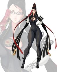 Rule 34 | 1girl, absurdres, bayonetta, bayonetta (series), beehive hairdo, bodysuit, breasts, cleavage cutout, clothing cutout, curvy, earrings, female focus, full body, glasses, gloves, grey eyes, gun, hand on own hip, highres, jewelry, large breasts, long hair, looking at viewer, mole, mole under mouth, parted lips, solo, thick lips, thick thighs, thighs, tundromaiden, very long hair, weapon, white background, wide hips