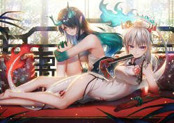 Rule 34 | 2girls, aqua hair, aqua horns, arknights, barefoot, bead bracelet, beads, black hair, bracelet, breasts, china dress, chinese clothes, day, dress, dusk (arknights), folded fan, folding fan, gloves, hand fan, highres, horns, hugging own legs, indoors, jewelry, legs, lying, medium breasts, multicolored hair, multiple girls, nian (arknights), nian (unfettered freedom) (arknights), official alternate costume, on side, pillow, pointy ears, purple eyes, red gloves, red hair, red horns, sho (sumika), siblings, sisters, smile, streaked hair, tail, two-tone hair, white hair