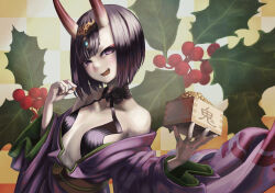 Rule 34 | 1girl, bare shoulders, beans, bob cut, breasts, commentary request, fang, fate/grand order, fate (series), headpiece, highres, holly, horns, japanese clothes, kimono, looking at viewer, masu, mayagi (mayagi61), off shoulder, oni, open mouth, purple eyes, purple hair, purple kimono, setsubun, short hair, shuten douji (fate), skin-covered horns, small breasts, smile, solo, upper body