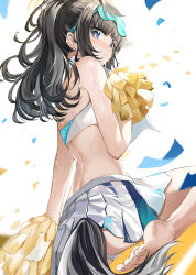 Rule 34 | 1girl, absurdres, ass, bandeau, bare arms, bare shoulders, barefoot, black hair, blue archive, blue eyes, blush, cheerleader, commentary request, confetti, goggles, goggles on head, hibiki (blue archive), hibiki (cheer squad) (blue archive), highres, long hair, looking at viewer, midriff, millennium cheerleader outfit (blue archive), miniskirt, nose blush, official alternate costume, pleated skirt, pom pom (cheerleading), shirokuma (zeroillya), sidelocks, simple background, sitting, skirt, solo, strapless, tail, tube top, wariza, white background, white skirt, zeroillya