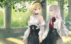 Rule 34 | 2girls, bare shoulders, black bow, black hairband, black ribbon, black skirt, blue eyes, bow, center frills, closed mouth, collared shirt, commentary request, dress shirt, eye contact, eyebrows hidden by hair, frills, hair ribbon, hairband, high-waist skirt, holding hands, jacket, kobuta, long hair, long sleeves, looking at another, multiple girls, open clothes, open jacket, original, pleated skirt, profile, puffy long sleeves, puffy sleeves, red shirt, ribbon, shirt, silver hair, skirt, sleeveless, sleeveless shirt, sleeves past wrists, smile, very long hair, white jacket, white shirt, yuri