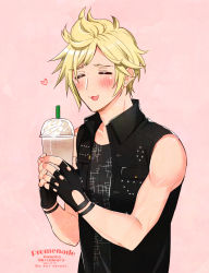 Rule 34 | 1boy, :3, artist name, bare shoulders, black gloves, black shirt, black vest, blonde hair, blush, closed eyes, coffee, cup, dated, disposable cup, drinking straw, final fantasy, final fantasy xv, fingerless gloves, gloves, heart, highres, holding, holding cup, krudears, male focus, open mouth, own hands together, patterned clothing, pink background, prompto argentum, shirt, short hair, sleeveless, sleeveless shirt, solo, starbucks, twitter username, upper body, vest, whipped cream, wristband