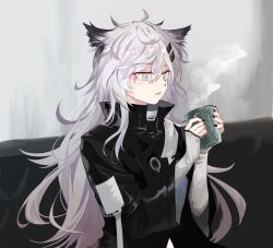 Rule 34 | 1girl, absurdres, ahoge, animal ear fluff, animal ears, arknights, black jacket, black nails, collared jacket, commentary request, couch, cup, drink, elbow gloves, fingerless gloves, fingernails, from side, gloves, grey background, grey eyes, grey gloves, grey hair, hair between eyes, hair ornament, hairclip, hands up, high collar, highres, holding, holding cup, holding drink, hot drink, indoors, itonatsu, jacket, lappland (arknights), layered sleeves, light blush, long hair, long sleeves, looking at object, messy hair, mug, nail polish, on couch, open mouth, pale skin, scar, scar across eye, scar on face, shadow, short over long sleeves, short sleeves, sitting, solo, steam, upper body, wall, wallpaper (object), wide sleeves, wolf ears, wolf girl