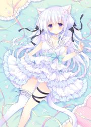 Rule 34 | 1girl, animal ear fluff, animal ears, asymmetrical legwear, bed sheet, black bow, blue flower, blush, bow, cat ears, closed mouth, commentary request, dress, flower, frilled dress, frilled pillow, frilled thighhighs, frills, hair between eyes, hair bow, hair flower, hair ornament, hand up, hasekura chiaki, highres, holding, holding ribbon, layered dress, long hair, looking at viewer, lying, on back, original, panties, pillow, pink ribbon, pleated dress, polka dot, purple eyes, purple flower, ribbon, silver hair, single thighhigh, solo, thighhighs, underwear, uneven legwear, very long hair, white dress, white panties, white thighhighs, wrist cuffs