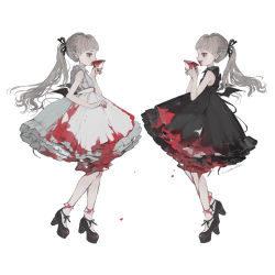 Rule 34 | 2girls, black dress, black footwear, blood, blood on clothes, cup, dress, drinking, grey hair, holding, holding cup, long hair, multiple girls, nekosuke (oxo), original, pointy ears, ponytail, profile, red eyes, shoes, simple background, sleeveless, sleeveless dress, white background, white dress