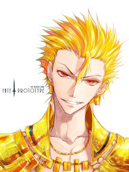 Rule 34 | 1boy, ahoge, armor, bad id, bad pixiv id, blonde hair, boshiki, copyright name, earrings, fate/prototype, fate (series), gilgamesh (fate/prototype), jewelry, logo, male focus, necklace, red eyes, short hair, simple background, solo, white background