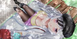 Rule 34 | 1girl, :q, absurdres, alternate costume, azur lane, bench, beret, black footwear, black hair, black hat, blouse, boots, breasts, brown pantyhose, casual, cleavage, dating, day, elbe (azur lane), fine fabric emphasis, food, from above, grey hair, hat, highres, ice cream, knee boots, large breasts, long hair, looking at viewer, looking up, miniskirt, multicolored hair, outdoors, pantyhose, purple skirt, red bag, rei tuki, shadow, shirt, sidewalk, skirt, solo, streaked hair, tongue, tongue out, two-tone hair, very long hair, wooden bench, yellow shirt
