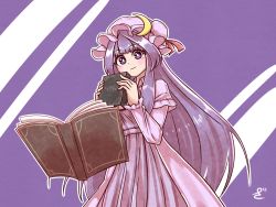Rule 34 | 1girl, blunt bangs, blush, book, collar, commentary, cowboy shot, crescent, crescent pin, floating, floating book, floating object, hat, hat ribbon, highres, holding, holding book, long hair, long sleeves, looking at viewer, mob cap, multicolored background, open book, patchouli knowledge, purple background, purple eyes, red ribbon, ribbon, smile, solo, striped, striped background, touhou, very long hair, white background, zanasta0810