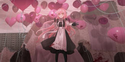Rule 34 | 1girl, :d, absurdres, apron, balloon, black dress, black gloves, black pantyhose, blood, blood on clothes, bloody apron, blush, breasts, brown eyes, building, chihuri, cloud, cloudy sky, commentary request, day, dress, frilled apron, frills, gloves, hair between eyes, hair ribbon, hand up, heart balloon, highres, juliet sleeves, long hair, long sleeves, looking at viewer, medium breasts, open mouth, original, outdoors, pantyhose, pink hair, puffy sleeves, ribbon, shirt, sky, sleeveless, sleeveless dress, smile, solo, standing, trash bag, very long hair, waist apron, white apron, white ribbon, white shirt, yana (chihuri)