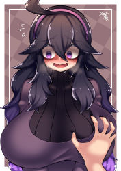 Rule 34 | 1girl, @ @, ahoge, breasts, creatures (company), dress, game freak, grabbing, grabbing another&#039;s breast, hair between eyes, hex maniac (pokemon), highres, huge breasts, long hair, nintendo, no nose, open mouth, patterned background, pokemon, pokemon xy, pov, pov hands, purple dress, purple eyes, purple hair, shiny skin, solo, sweat, upper body, wavy mouth, yasume (cheap melon soda)
