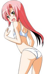 1girl :d ass back bare_shoulders blush bra butt_crack flat_chest hair_ornament hairclip hand_up hata_kenjirou hayate_no_gotoku! highres katsura_hinagiku long_hair looking_at_viewer looking_back open_mouth panties pink_hair smile solo sports_bra sports_panties standing thighs underwear white_background yellow_eyes