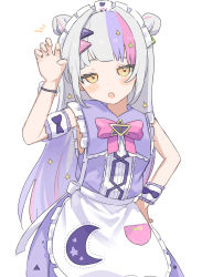 Rule 34 | 1girl, absurdres, apron, armband, bow, bowtie, bracelet, claw pose, commentary request, double bun, dress, grey hair, hair bun, hair intakes, hair ornament, hand up, highres, hololive, jewelry, long hair, looking at viewer, maid headdress, multicolored hair, murasaki shion, murasaki shion (magical girl maid), notice lines, oisiimizu, open mouth, orange eyes, pink bow, pink bowtie, pink hair, purple dress, purple hair, simple background, sleeveless, sleeveless dress, solo, star (symbol), star hair ornament, streaked hair, upper body, virtual youtuber, white apron, white background, wristband