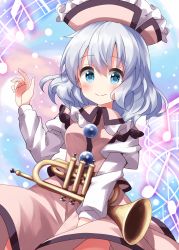 Rule 34 | 1girl, beamed eighth notes, beamed sixteenth notes, blue eyes, blush, buttons, closed mouth, hair between eyes, hat, highres, instrument, long sleeves, medium hair, merlin prismriver, musical note, pink hat, pink skirt, pink vest, ruu (tksymkw), shirt, skirt, smile, solo, touhou, trumpet, vest, white hair, white shirt