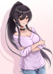 Rule 34 | 1girl, black hair, blush, breasts, brown eyes, choker, cleavage, collarbone, cowboy shot, crossed arms, diesel-turbo, dutch angle, earrings, idolmaster, idolmaster shiny colors, jewelry, large breasts, long hair, looking at viewer, open mouth, ponytail, shirase sakuya, smile, solo