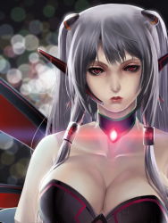 Rule 34 | 1girl, bare shoulders, blurry, bokeh, breasts, choker, cleavage, depth of field, grey hair, hair tubes, highres, large breasts, looking at viewer, mass effect (series), mass effect 1, mecha musume, okingjo, original, personification, solo, two side up, upper body