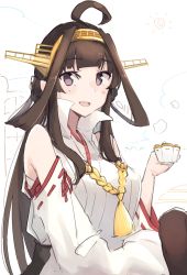 Rule 34 | 1girl, absurdres, ahoge, bare shoulders, blush, brown hair, cup, detached sleeves, double bun, hair bun, hairband, headgear, highres, holding, holding cup, japanese clothes, kantai collection, kongou (kancolle), long hair, ma rukan, nontraditional miko, open mouth, purple eyes, ribbon-trimmed sleeves, ribbon trim, signature, smile, solo, wide sleeves