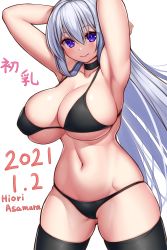 Rule 34 | 1girl, absurdres, armpits, arms behind head, arms up, asamura hiori, bikini, black bikini, black thighhighs, blush, breasts, choker, cleavage, cowboy shot, highres, huge breasts, long hair, looking at viewer, md5 mismatch, navel, original, purple eyes, silver hair, skindentation, smile, solo, stomach, swimsuit, thighhighs