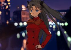 Rule 34 | 1girl, black hair, black ribbon, blue eyes, breasts, building, buttons, chienon, closed mouth, fate/stay night, fate (series), hair ribbon, highres, jacket, long hair, long sleeves, looking at viewer, night, orange scarf, outdoors, red jacket, ribbon, scarf, small breasts, smile, solo, tohsaka rin