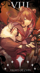Rule 34 | 1girl, absurdres, animal ears, arknights, axe, bear ears, black collar, blouse, blue eyes, brown hair, brown jacket, collar, earbuds, earphones, feet out of frame, fur-trimmed jacket, fur trim, highres, holding, holding axe, jacket, kotatsu kaya, looking at viewer, multicolored hair, pantyhose, red hair, red neckwear, red pantyhose, roman numeral, school uniform, shirt, solo, streaked hair, thigh strap, white shirt, zima (arknights)