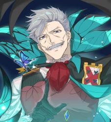 Rule 34 | 1boy, absurdres, banned artist, blue eyes, bug, butterfly, facial hair, fate/grand order, fate (series), formal, gloves, grey hair, highres, insect, james moriarty (archer) (fate), long sleeves, looking at viewer, male focus, mature male, mustache, open mouth, shirt, short hair, smile, solo, trstfx (lina), vest