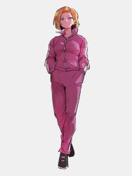 Rule 34 | 1girl, android 18, arms at sides, beige background, black footwear, blonde hair, blue eyes, closed mouth, crossed ankles, dot nose, dragon ball, dragon ball super, dragonball z, full body, grey background, hands in pockets, high collar, jacket, kemachiku, looking at viewer, looking down, pants, pink jacket, pink pants, serious, shoes, short hair, sidelighting, simple background, sneakers, solo, standing, straight hair, track jacket, track pants, tsurime, zipper