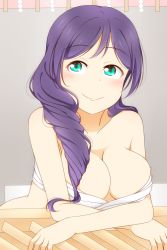 Rule 34 | 10s, 1girl, bandages, bandages around chest, bare shoulders, blush, breasts, cleavage, crossed arms, feitonokesin, green eyes, hair down, highres, large breasts, long hair, looking at viewer, love live!, love live! school idol project, purple hair, smile, solo, tojo nozomi