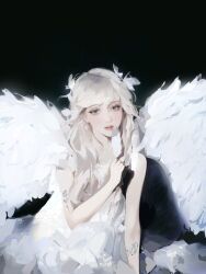 Rule 34 | 1girl, arm tattoo, black background, blonde hair, dress, feathers, flat chest, grey eyes, highres, holding, holding feather, looking at viewer, original, parted lips, simple background, sleeveless, sleeveless dress, solo, squatting, sumi (suumiko ), tattoo, white dress, white feathers, white wings, wings