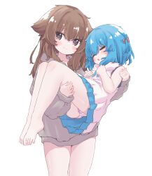 Rule 34 | 2girls, :o, aoi tori, bare legs, bare shoulders, barefoot, blue hair, blue skirt, blush, bow, brown eyes, brown hair, camisole, carrying, closed eyes, closed mouth, cowboy shot, dot nose, feet, grey hoodie, hair between eyes, hair bow, highres, hood, hood down, hoodie, long bangs, long hair, long sleeves, miniskirt, multiple girls, no pants, open mouth, original, panties, pantyshot, pleated skirt, princess carry, purple panties, sidelocks, simple background, skirt, sleeping, sleeve cuffs, smile, solo, striped clothes, striped panties, thighs, toes, underwear, white background, white camisole