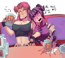 Rule 34 | 2girls, absurdres, beer mug, black hair, black lagoon, blush, breasts, brown hair, capcom, cleavage, crying, cup, cupperexe, drunk, english text, fingerless gloves, gloves, han juri, highres, large breasts, midriff, mug, multiple girls, navel, open mouth, ponytail, purple eyes, revy (black lagoon), short hair, sitting, street fighter, tank top, unbuttoned, unzipped, yellow eyes