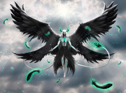 Rule 34 | 1boy, absurdres, alternate design, alternate universe, arrancar, black hair, bleach, cloud, cloudy sky, colored skin, facial mark, fallen angel, feathered wings, feathers, fingernails, fire, green fire, highres, hollow (bleach), huge filesize, large wings, long fingernails, long hair, lucifersangel369, male focus, multiple wings, number tattoo, sky, solo, sun, tail, tattoo, ulquiorra cifer, very long hair, white hair, white skin, wings, yellow eyes