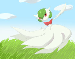 Rule 34 | 1girl, arm up, blue sky, bob cut, cloud, colored skin, creatures (company), day, dress, elbow gloves, female focus, flat chest, full body, game freak, gardevoir, gen 3 pokemon, gloves, grass, green hair, hair between eyes, long dress, looking at viewer, mega gardevoir, mega pokemon, nintendo, no mouth, outdoors, outstretched arms, pokemon, pokemon (creature), red eyes, rve, short hair, sky, solo, spread arms, standing, white dress, white gloves, white skin