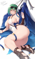 Rule 34 | 1girl, arm guards, ass, blush, bracelet, braid, breasts, brown footwear, closed mouth, covered erect nipples, diana (sennen sensou aigis), eyewear on head, flower, green hair, hair between eyes, hair flower, hair ornament, highres, holding, holding weapon, jewelry, large breasts, leotard, lying, mole, mole under eye, multicolored hair, nanahara fuyuki, necklace, on side, sandals, sennen sensou aigis, short hair, thigh strap, thighs, weapon, yellow eyes