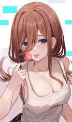 Rule 34 | 1girl, absurdres, bare arms, blue eyes, blush, breasts, brown hair, camisole, candy, cleavage, collarbone, commentary, eyebrows hidden by hair, eyelashes, floating hair, food, go-toubun no hanayome, hair over breasts, hair over one eye, hand up, highres, holding, holding candy, holding food, holding lollipop, large breasts, lollipop, long hair, looking at viewer, nakano miku, no bra, raikun raikun, saliva, saliva trail, sexually suggestive, simple background, straight hair, tongue, tongue out, upper body, white background, white camisole