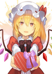 Rule 34 | 1girl, arms up, blonde hair, bow, bowtie, box, brown bow, brown bowtie, chocolate, collar, collared shirt, crystal, dress, eyes visible through hair, falken (yutozin), flandre scarlet, gradient background, hair between eyes, hands up, hat, hat ribbon, heart, highres, jewelry, long sleeves, looking at viewer, mob cap, multicolored background, multicolored wings, one side up, open mouth, orange background, orange eyes, pink background, puffy sleeves, purple bow, red dress, red ribbon, ribbon, shirt, short hair, smile, solo, touhou, white background, white hat, white shirt, wings, yellow background
