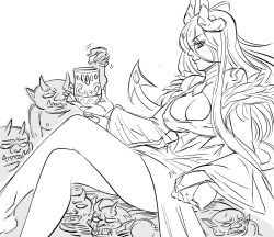 Rule 34 | 1girl, bare legs, bb (baalbuddy), breasts, bridal gauntlets, chalice, cleavage, covered erect nipples, crossed arms, cup, demon girl, demon horns, feet out of frame, from side, goblin, greyscale, highres, horns, large breasts, long hair, long sleeves, looking at viewer, looking to the side, monochrome, original, simple background, sitting, sitting on person, smile, solo focus, white background, wide sleeves