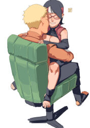 Rule 34 | 1boy, 1girl, 2020, ac120, age difference, black footwear, black gloves, black hair, blonde hair, boruto: naruto next generations, chair, closed eyes, clothes lift, dated, elbow gloves, fingerless gloves, forehead protector, glasses, gloves, hand on another&#039;s shoulder, highres, naruto (series), office chair, red-framed eyewear, red headwear, sandals, shirt lift, short hair, simple background, sitting, sitting on person, smile, straddling, swivel chair, teeth, toes, uchiha sarada, uzumaki naruto, white background