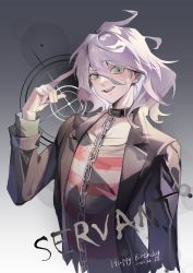 Rule 34 | 1boy, black jacket, brown eyes, chain, character name, collar, collarbone, danganronpa (series), danganronpa another episode: ultra despair girls, dated, go shika anan, gradient background, grey background, grey hair, hair between eyes, hand up, happy birthday, highres, jacket, komaeda nagito, long sleeves, looking at viewer, male focus, medium hair, messy hair, metal collar, open clothes, open jacket, open mouth, pointing, pointing at self, servant (danganronpa), shirt, smile, solo, striped clothes, striped shirt, torn clothes, torn jacket, upper body