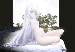 Rule 34 | 1girl, absurdres, azur lane, bare arms, bare legs, barefoot, bed sheet, blue eyes, bra, breasts, closed mouth, flower, full body, hair between eyes, hair intakes, highres, indian style, ka11 ca, le malin (azur lane), leaning back, long hair, multi-strapped panties, navel, panties, plant, sitting, small breasts, solo, straight hair, thighs, underwear, underwear only, very long hair, white bra, white hair, white panties