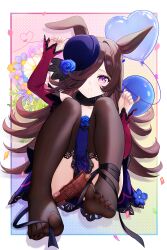 1girl absurdres animal_ears balloon black_ribbon black_thighhighs blue_dress blue_flower blue_rose border brown_hair commentary_request confetti dagger dorsiflexion dress eyelashes feet flower flower_hat hair_over_one_eye hand_up hat heart_balloon highres horse_ears horse_girl kazamatsuri_honatsu knees_up knife lace lace-trimmed_dress lace-trimmed_thighhighs lace_trim legs light_blush long_hair long_sleeves looking_at_viewer multicolored_background nail_polish no_shoes parted_lips purple_eyes purple_hat purple_nails red_sleeves ribbon rice_shower_(umamusume) rose sidelocks signature sitting thighhighs thighs toenail_polish toenails toes umamusume weapon white_border